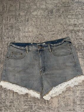 Free People Light Blue Denim Shorts with White Lace Trim